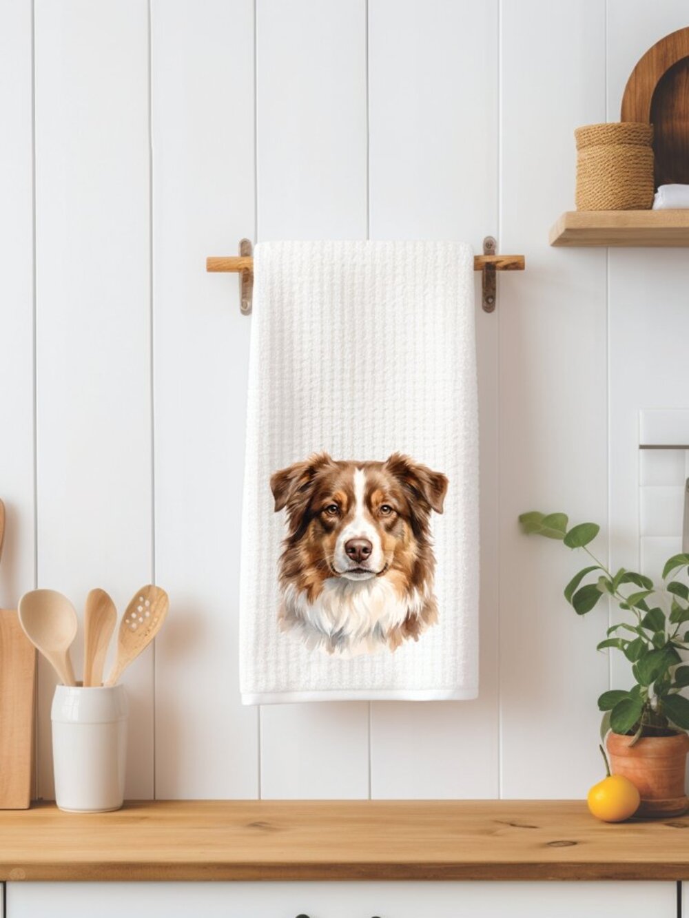 Brown Australian Shepherd Dog Waffle Weave Decorative Kitchen Tea Towel